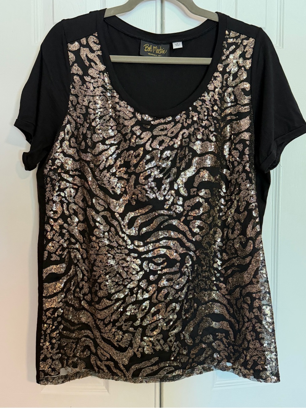 Bob Mackie Black Short Sleeve Top with Rose Gold Sequin Animal Print